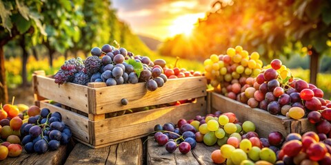 Golden Hour Vineyard Harvest: Close-up of Grapes & Stone Fruits in Wooden Crates