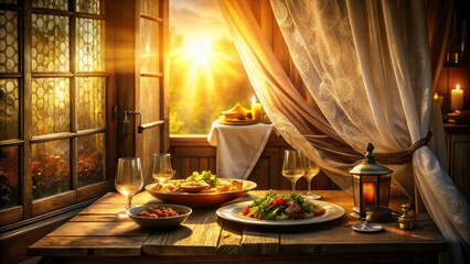 Golden Hour Food Photography: Illuminated Window Curtain Backdrop, Wardrobe Setting, Delicious Meal