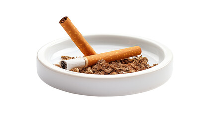 Two cigarettes in a white ashtray filled with tobacco shreds