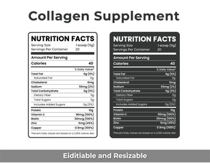 Obraz premium Collagen Supplement Nutrition Facts Label – Editable Protein Powder & Beauty Supplement Chart with Vitamin Info – FDA Style Design