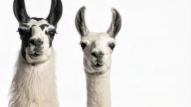 Close-up of two llamas with distinctive black and white markings against a clean white backdrop, portraying serene expressions.