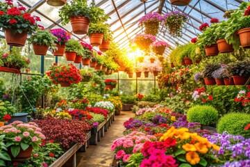 Greenhouse Photography: Lush Flowering Plants, Eye-Level View, Gardening