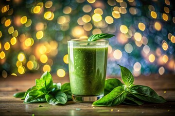 Green Smoothie PNG, Spinach Basil Beverage, Healthy Drink Photo, Bokeh Background,  Isolated Food Image