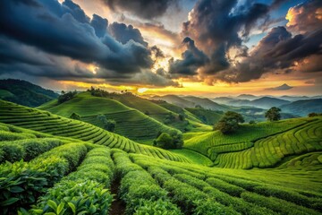 Green Tea Plantation Hills, Cloudy Sky, Nature Photography, Lush Scenery, Farming Landscape