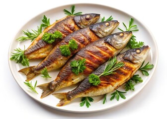 Grilled Fish Flatlay: Omega-3 Rich Seafood, Healthy Diet, Top Down View, Closeup, White Plate