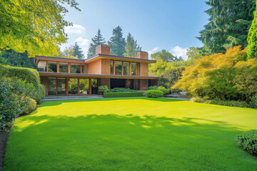 Very modern house with garden in front. Sunny day. Green lawn and trees.