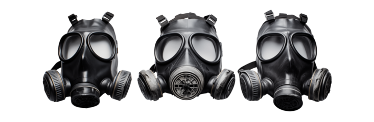 Three black gas masks arranged on a dark black background
