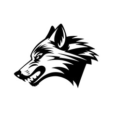 Illustration of a black and white snarling wolf head