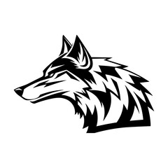 Illustration of a black and white wolf head profile