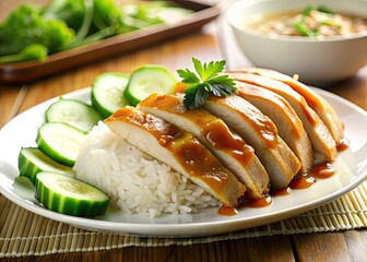 Hainan Chicken Rice Tilt-Shift Photo: Sliced Chicken, Marinated Rice, Cucumber, Asian Cuisine, White Plate, Delicious Food Photography