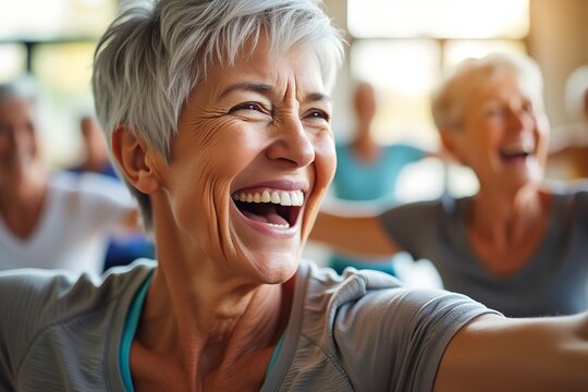 Happy senior woman in fitness class laughing