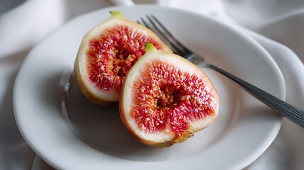 Sliced Fig on a White Plate with Fork