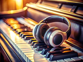 Headphone on Piano Keys: High-Resolution Photo, Musical Instrument, Audio, Depth of Field, Close-up