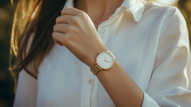 Elegant golden wristwatch on woman's wrist, a timeless fashion statement