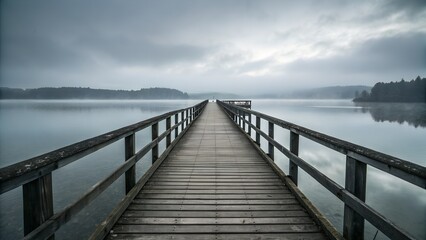 Naklejka premium Long Wooden Pier Extending into Foggy Lake, pier on the lake