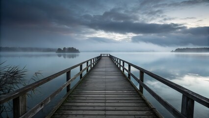 Obraz premium Long Wooden Pier Extending into Foggy Lake, pier on the lake