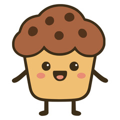 cute chocolate muffin cake cartoon character flat color vector illustration template design