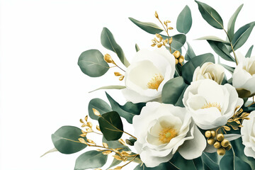Watercolor floral illustration bouquet - white flowers, rose, peony, green and gold leaf branches collection. Wedding stationary, greetings, wallpapers, fashion, background. Eucalyptus, olive, leaves