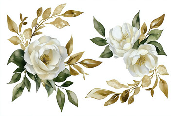 Watercolor floral illustration bouquet - white flowers, rose, peony, green and gold leaf branches collection. Wedding stationary, greetings, wallpapers, fashion, background. Eucalyptus, olive, leaves