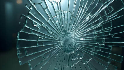 Obraz premium A shattered glass pane with radial crack patterns view