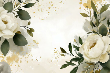 Watercolor floral illustration bouquet - white flowers, rose, peony, green and gold leaf branches collection. Wedding stationary, greetings, wallpapers, fashion, background. Eucalyptus, olive, leaves