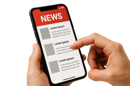 Smartphone displaying news headlines isolated on a white background