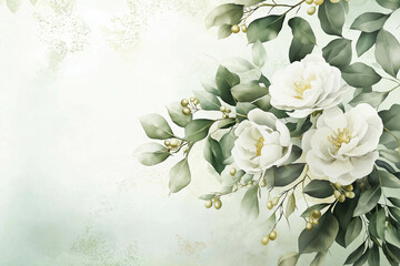 Watercolor floral illustration bouquet - white flowers, rose, peony, green and gold leaf branches collection. Wedding stationary, greetings, wallpapers, fashion, background. Eucalyptus, olive, leaves