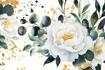 Watercolor floral illustration bouquet - white flowers, rose, peony, green and gold leaf branches collection. Wedding stationary, greetings, wallpapers, fashion, background. Eucalyptus, olive, leaves