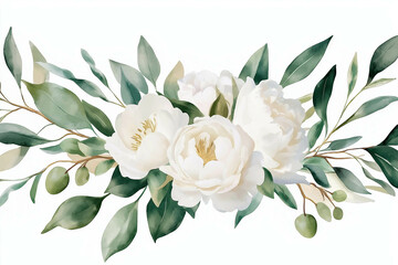 Watercolor floral illustration bouquet - white flowers, rose, peony, green and gold leaf branches collection. Wedding stationary, greetings, wallpapers, fashion, background. Eucalyptus, olive, leaves