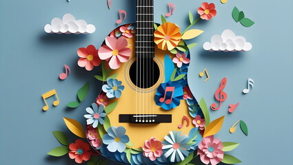 Acoustic guitar decorated with colorful papercraft flowers and music notes