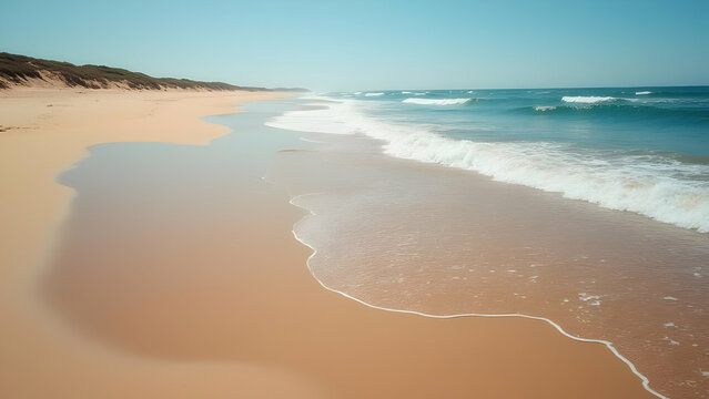 A scenic view of a sandy beach with gentle ocean waves
