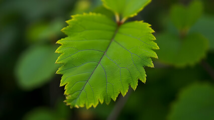 A bright green leaf with serrated edges in soft focus
