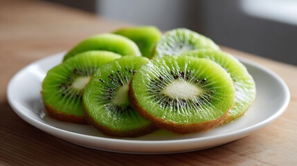 Sliced Kiwi Fruit Arranged on a White Plate