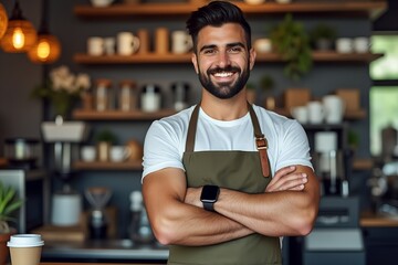 Obraz premium Smiling coffee shop owner with arms crossed