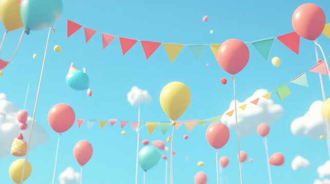 Colorful Balloons and Flags in a Festive Sky happy birthday background