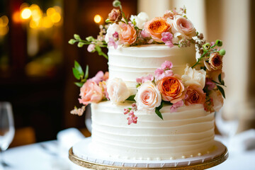 Fototapeta premium wedding cake with flowers at a restaurant