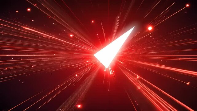 Abstract red light explosion with dynamic rays emanating from a central white triangle in a dark background