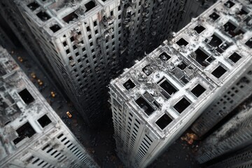 bandoned high-rise skyscrapers with burnt-out rooftops and crumbling facades in a post-apocalyptic cityscape seen from above, evoking desolation and urban decay.