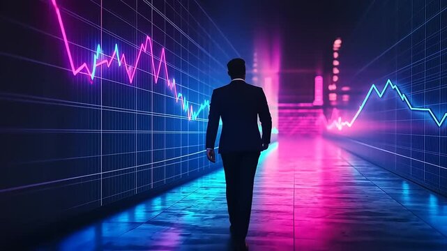 Business professional walking towards digital financial graphs in a futuristic urban setting