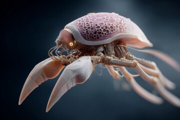Futuristic Biomechanical Crab with Translucent Shell and Intricate Exoskeleton Design Floating in Blue Atmosphere Highlighting Detailed Legs Antennae and Robotic Aesthetic Form