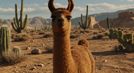 Curious llama stares serenely sunlit desert landscape. AI Generated