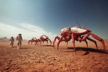 Astronauts Marching Beside Giant Robotic Crabs on Martian Landscape Under Clear Sky Depicting Futuristic Exploration Scene with Red Dust Terrain and Autonomous Rover Insect Technology