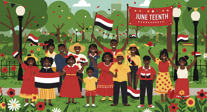 Community Gathering with Juneteenth Flags and Parade

