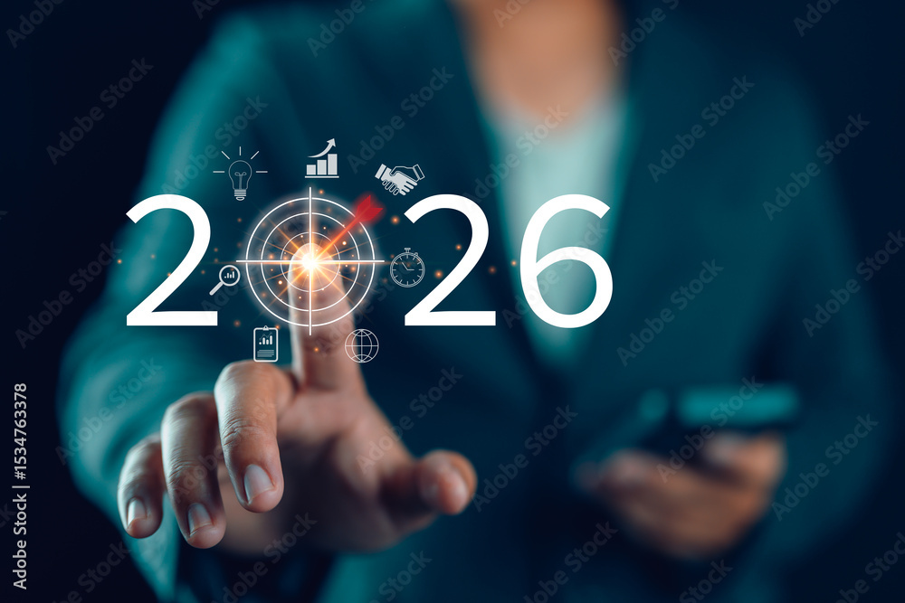 Poster positive indicators in 2026, businessman touching target icon on virtual screen with 2026. startup b