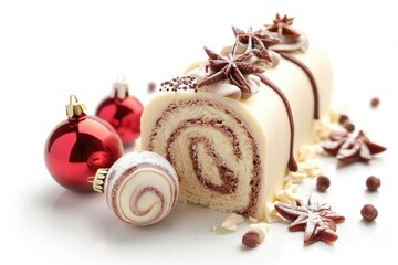 White Chocolate Yule Log Cake with Christmas Ornament Isolated on White Background