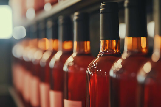 Wine bottles in a row, shallow depth of field. Liquor store, wine production concept