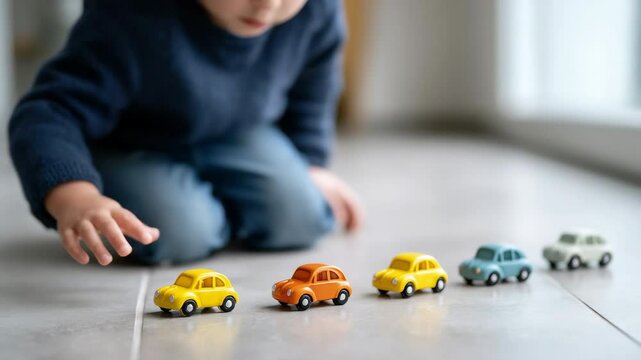 Young child blue sweater playing floor with colorful toy cars, arranging yellow, orange, blue, and green vehicles neat row, focused and happy, expressing curiosity and joy during indoor play