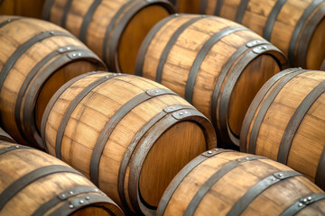 Wine or cognac barrels in the cellar of the winery, Wooden wine barrels in perspective. wine vaults. vintage oak barrels of craft beer or brandy