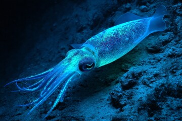 Bioluminescent squid glides through the dark abyss of the deep sea, its glowing blue body illuminating the rocky ocean floor in a mesmerizing display of underwater alien beauty.