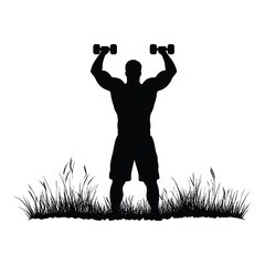 Bodybuilder Silhouette Lifting Dumbbells - Man Working Out in Grass Vector